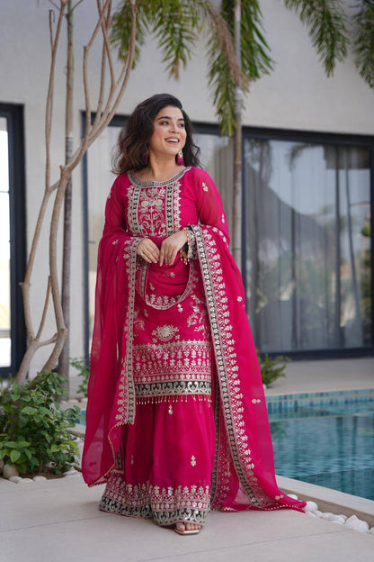 Royal Pink Embroidered Traditional Suit with Designer Dupatta