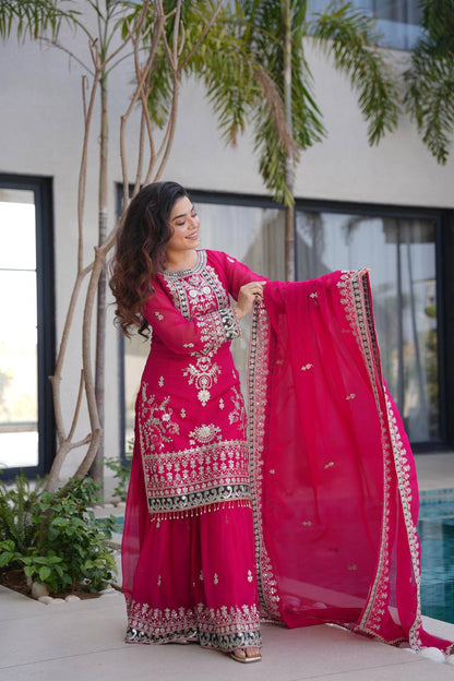 Royal Pink Embroidered Traditional Suit with Designer Dupatta