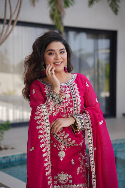Royal Pink Embroidered Traditional Suit with Designer Dupatta