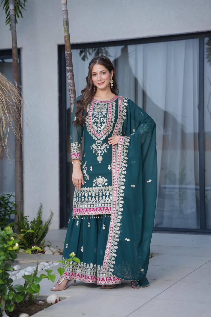 premium zari work green traditional suit for women