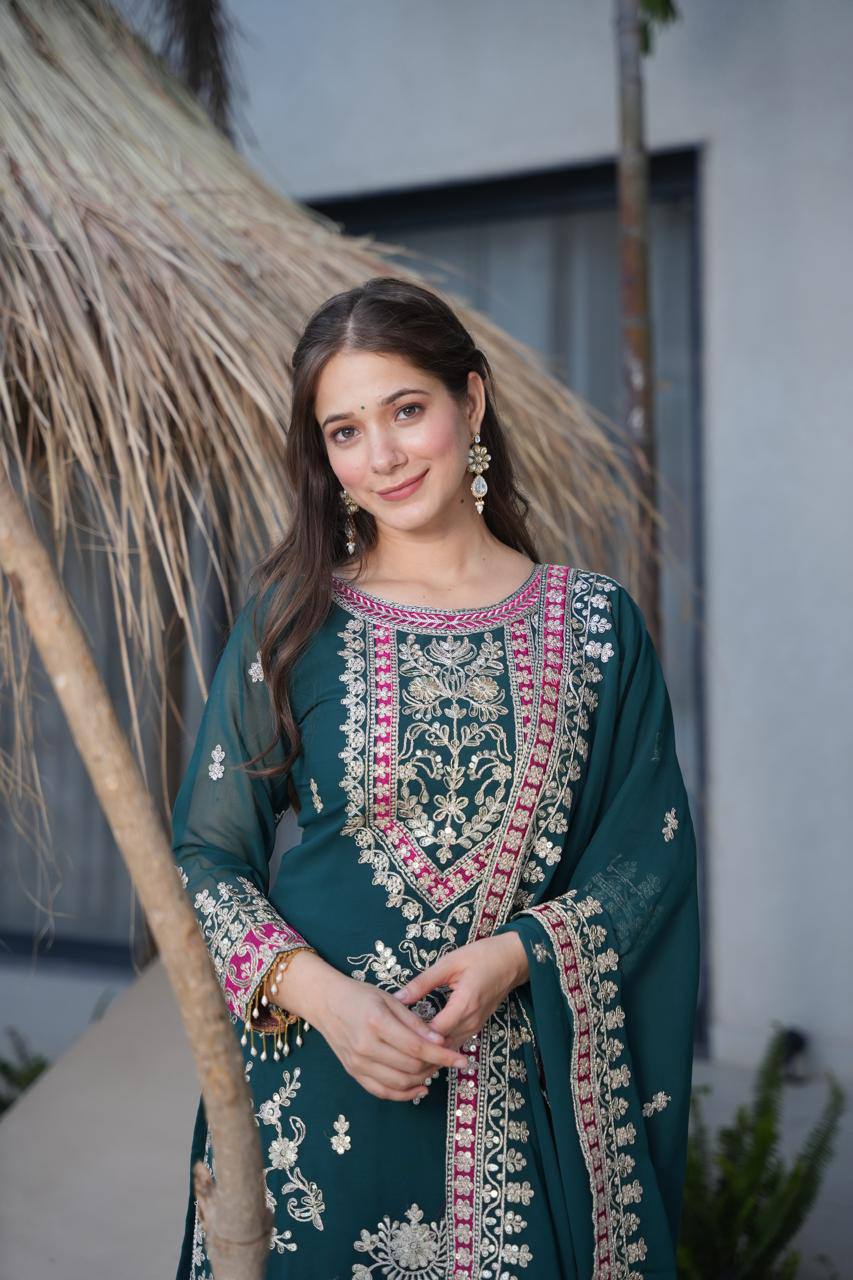 premium zari work green traditional suit for women