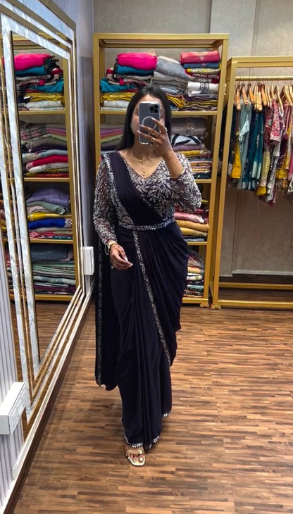 Luxury Black Drape Saree with Intricate Silver Embellished Blouse