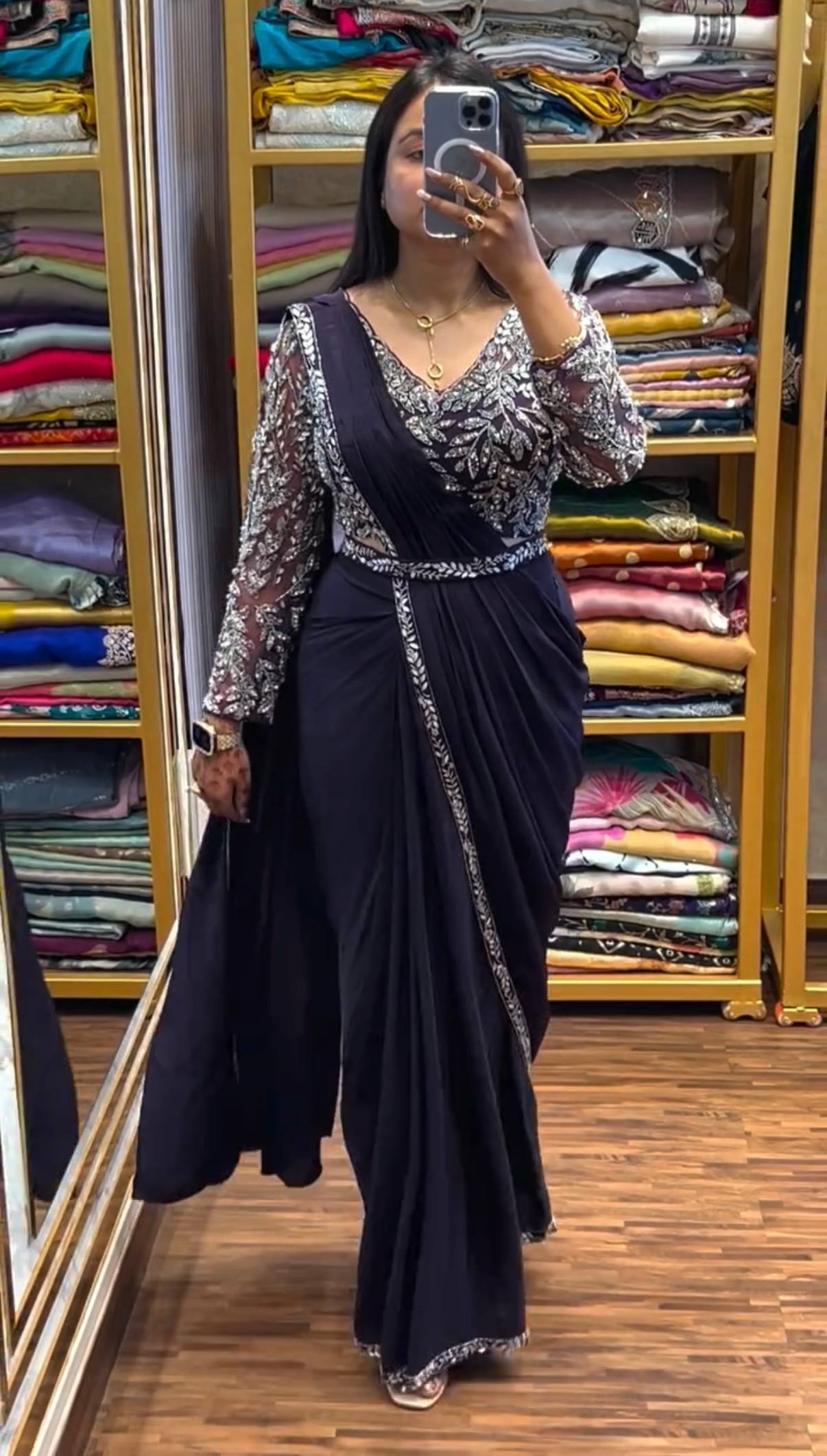 luxury black drape saree with intricate silver embellished blouse