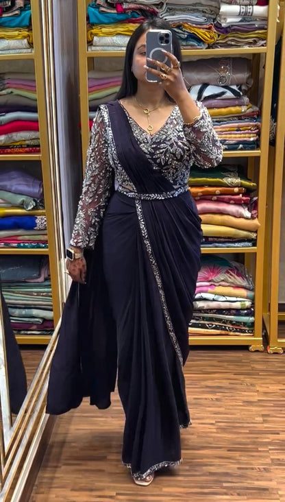 Luxury Black Drape Saree with Intricate Silver Embellished Blouse