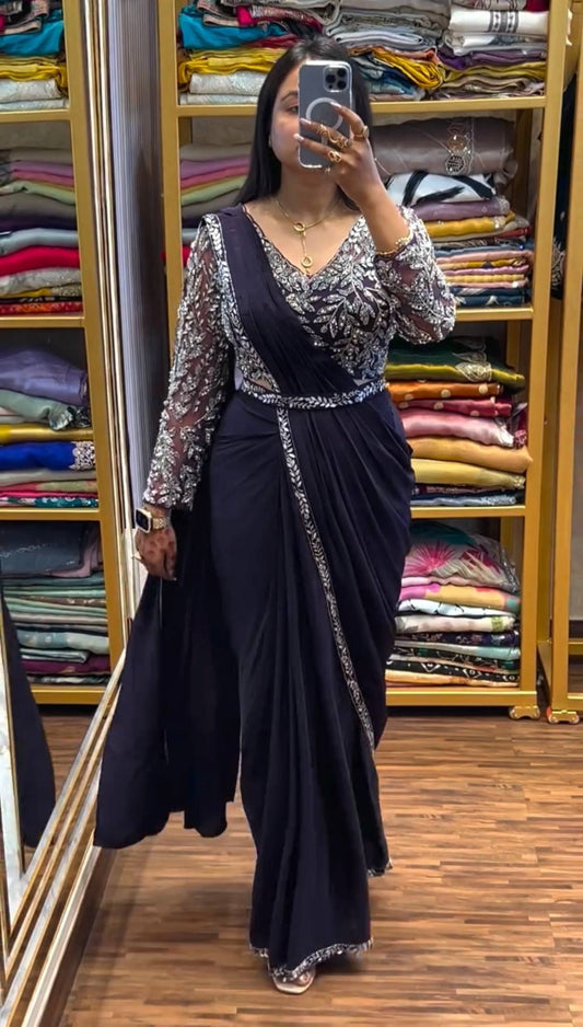 Luxury Black Drape Saree with Intricate Silver Embellished Blouse