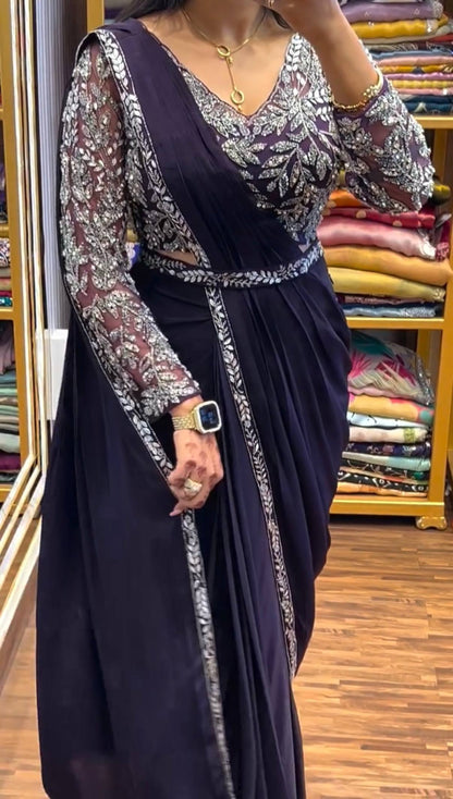 Luxury Black Drape Saree with Intricate Silver Embellished Blouse