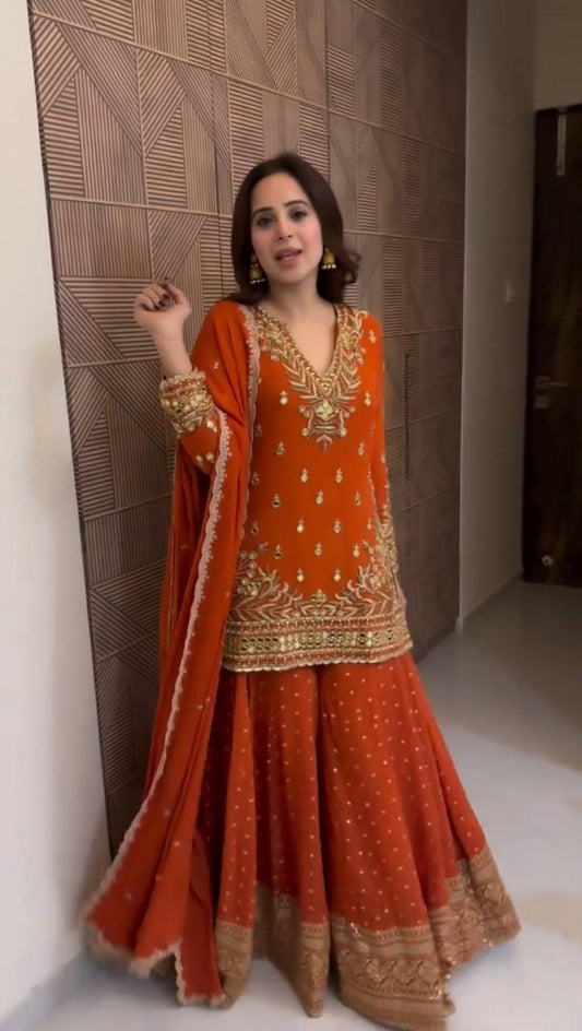 Royal Orange Heavily Embroidered Sharara Set