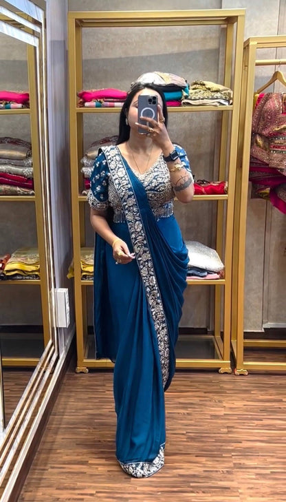 Peacock Blue Silk Drape Saree with Heavy Silver Zardosi Work Blouse