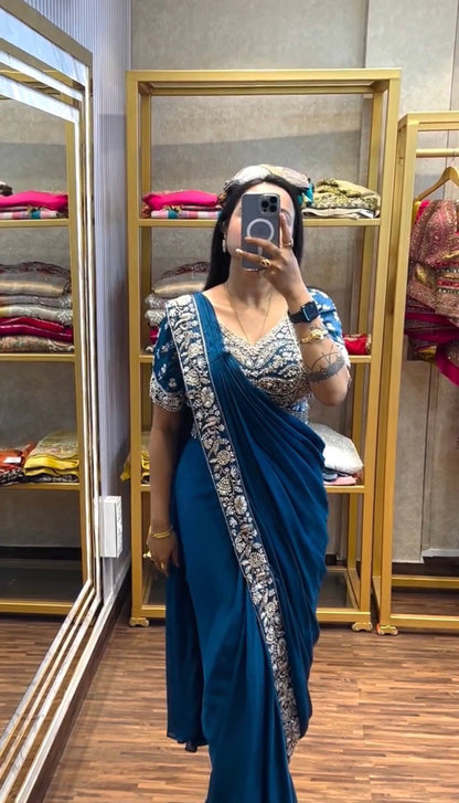 Peacock Blue Silk Drape Saree with Heavy Silver Zardosi Work Blouse