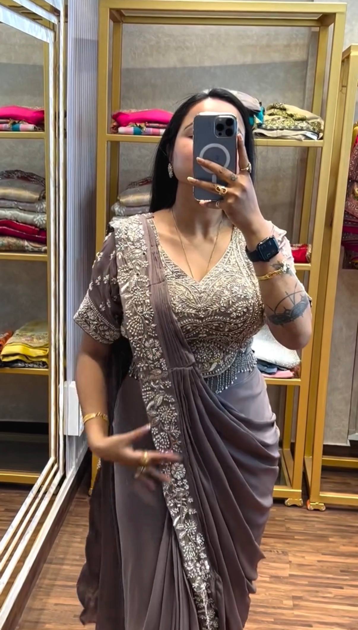 hand-embroidered mauve silk drape saree with heavy zardosi work blouse