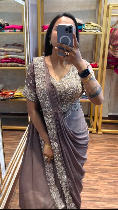 Hand-Embroidered Mauve Silk Drape Saree with Heavy Zardosi Work Blouse