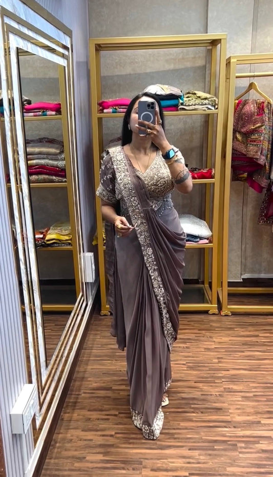 Hand-Embroidered Mauve Silk Drape Saree with Heavy Zardosi Work Blouse