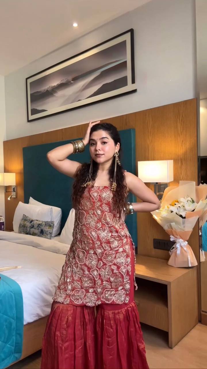 elegant rust rose floral sharara suit set