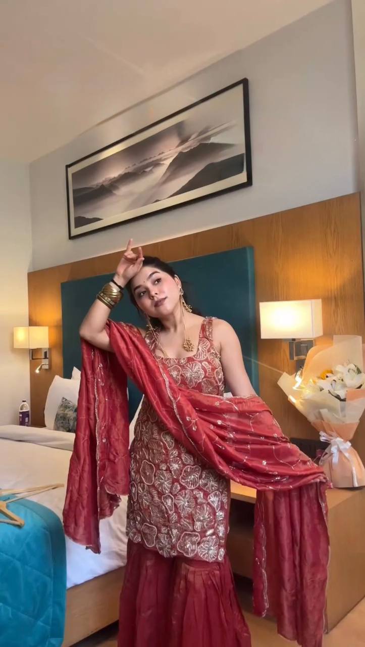 elegant rust rose floral sharara suit set