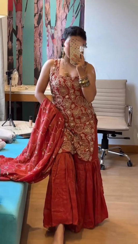Elegant Rust Rose Floral Sharara Suit Set