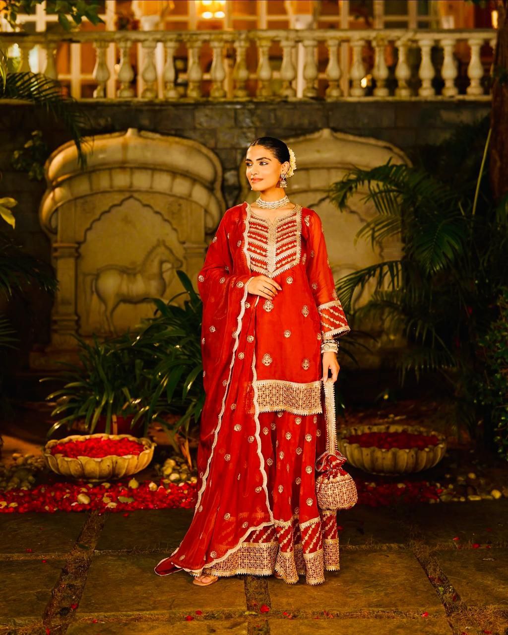 Classic Bridal Red Ethnic Wear with Golden Embroidery