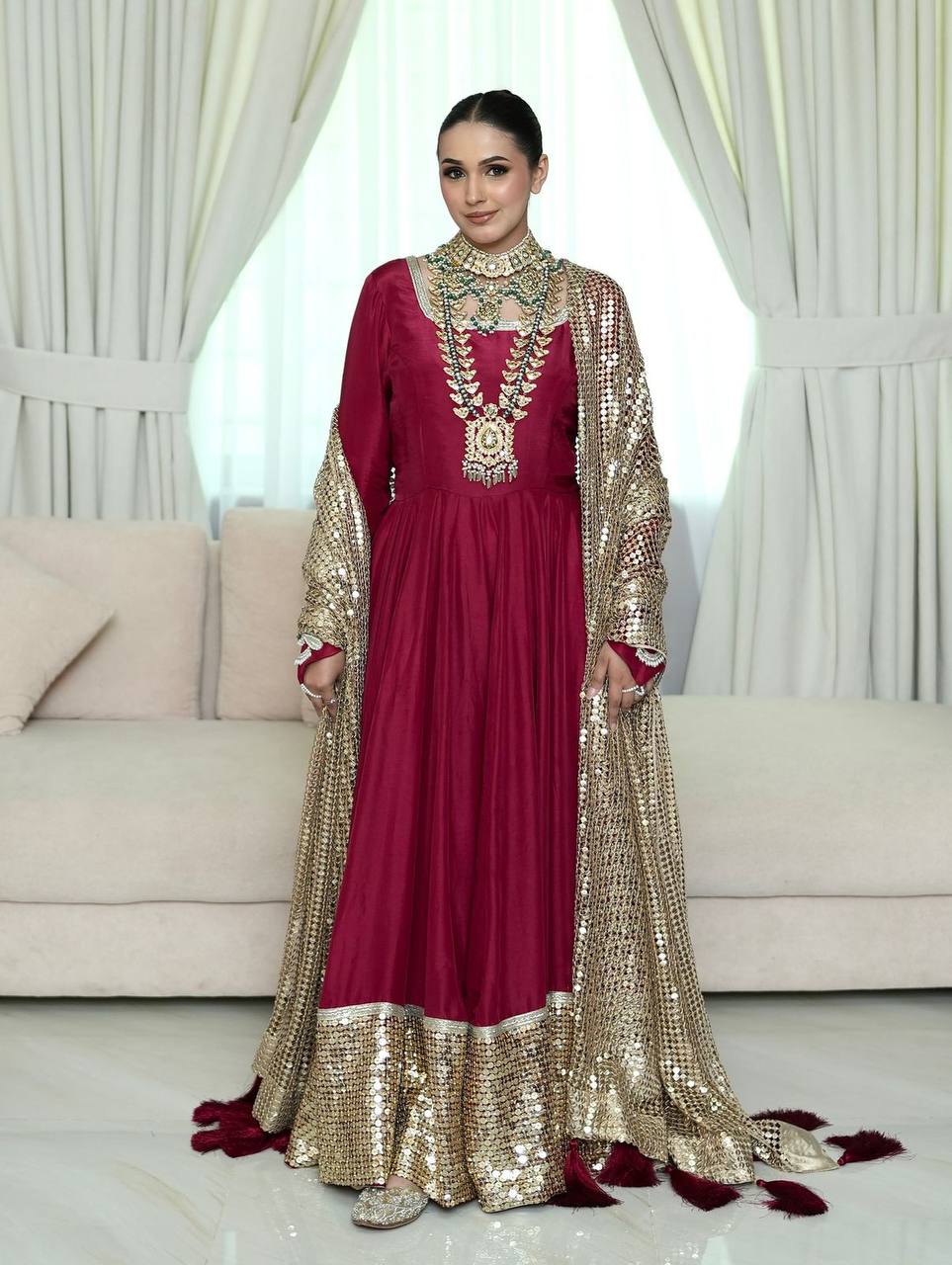 luxury wine maroon anarkali gown with embroidered golden dupatta