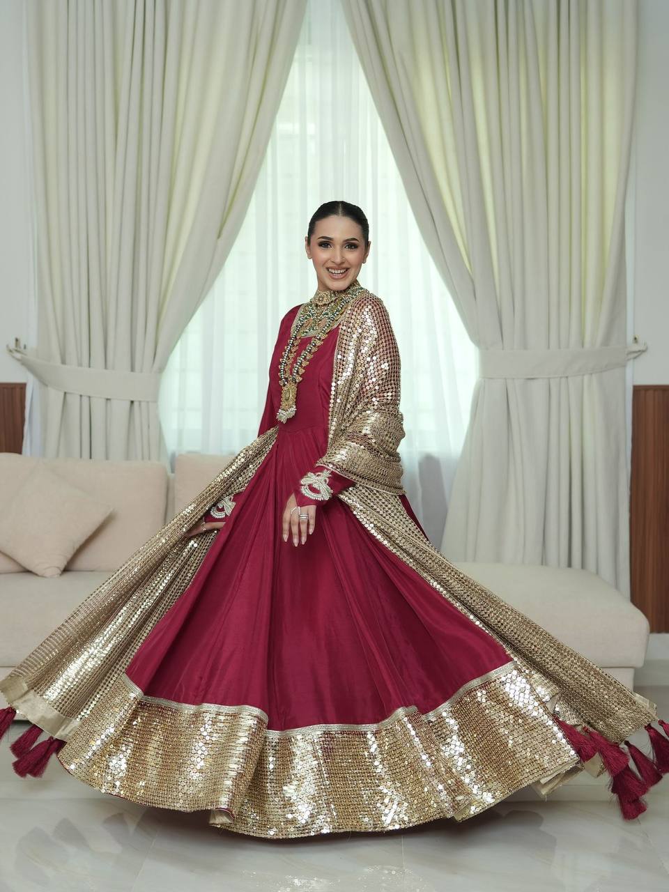 luxury wine maroon anarkali gown with embroidered golden dupatta