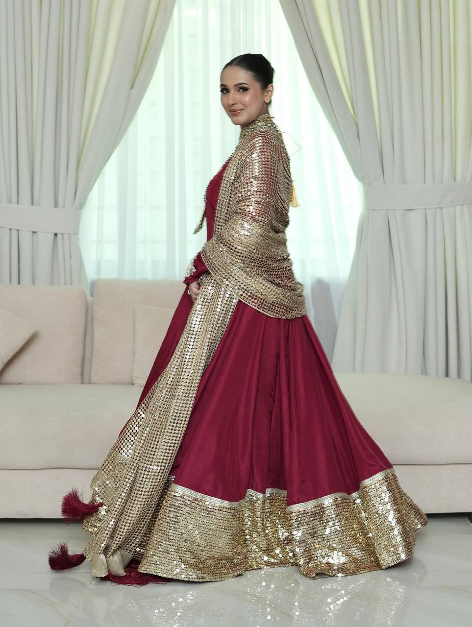 luxury wine maroon anarkali gown with embroidered golden dupatta