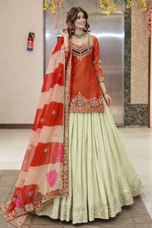 Rust Red Embroidered Kurta with Pastel Lehenga & Orgenza Dupatta