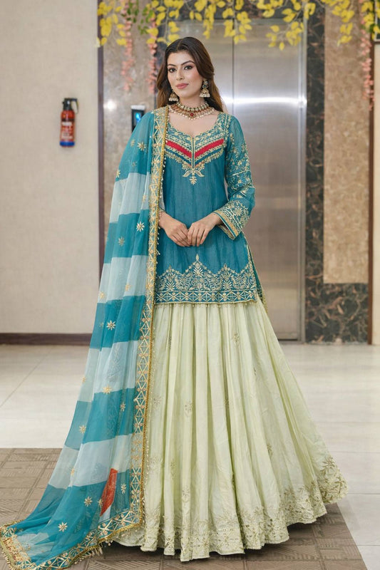 Teal Blue Embroidered Kurta with Pastel Lehenga & Orgenza Dupatta