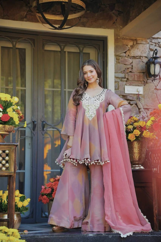 Pastel Ombre Sharara Set with Scalloped Lace & Heavy Mirror Work Neckline