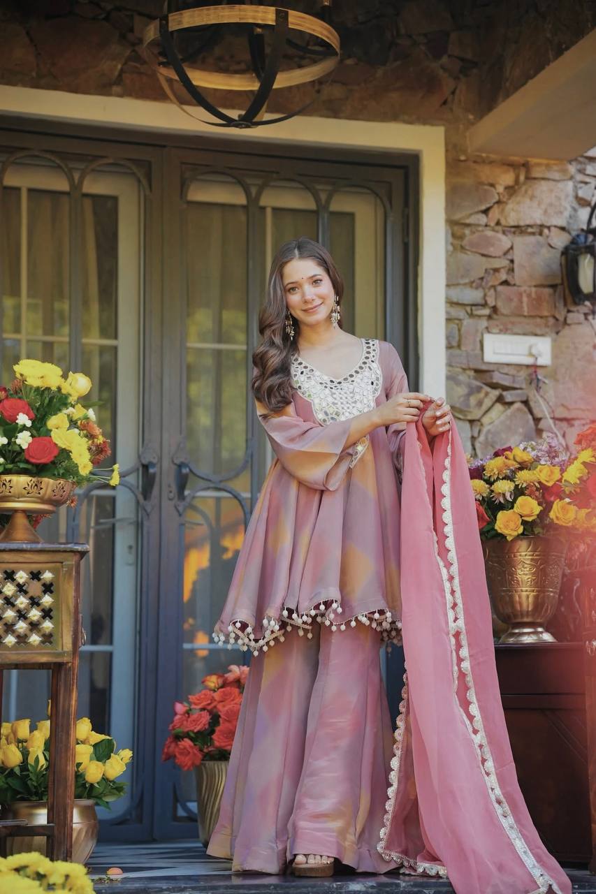 pastel ombre sharara set with scalloped lace & heavy mirror work neckline