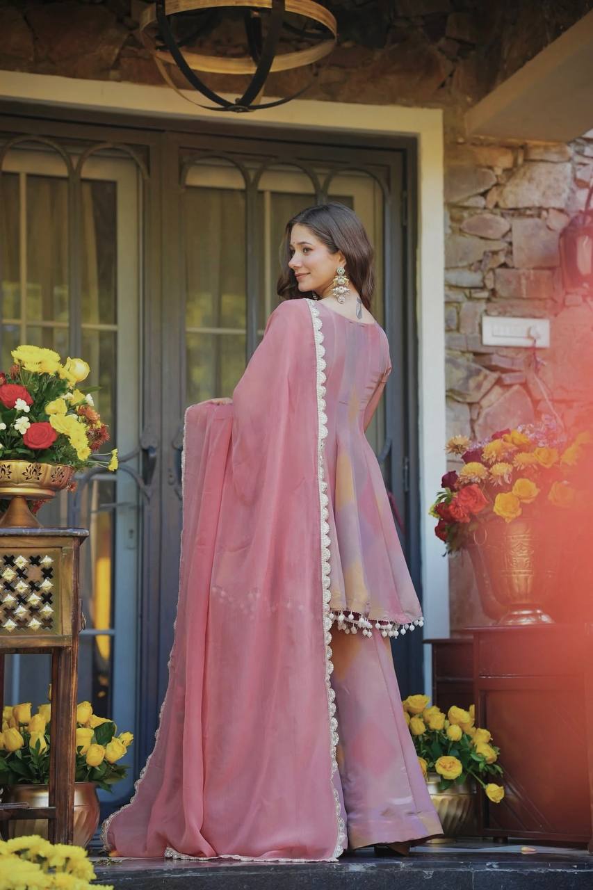 pastel ombre sharara set with scalloped lace & heavy mirror work neckline