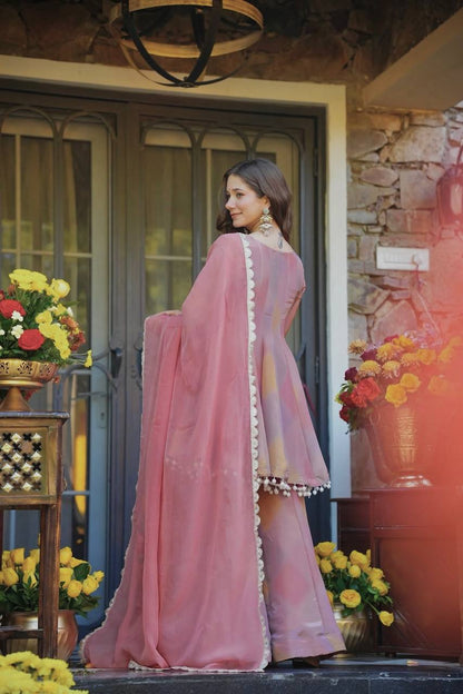 Pastel Ombre Sharara Set with Scalloped Lace & Heavy Mirror Work Neckline