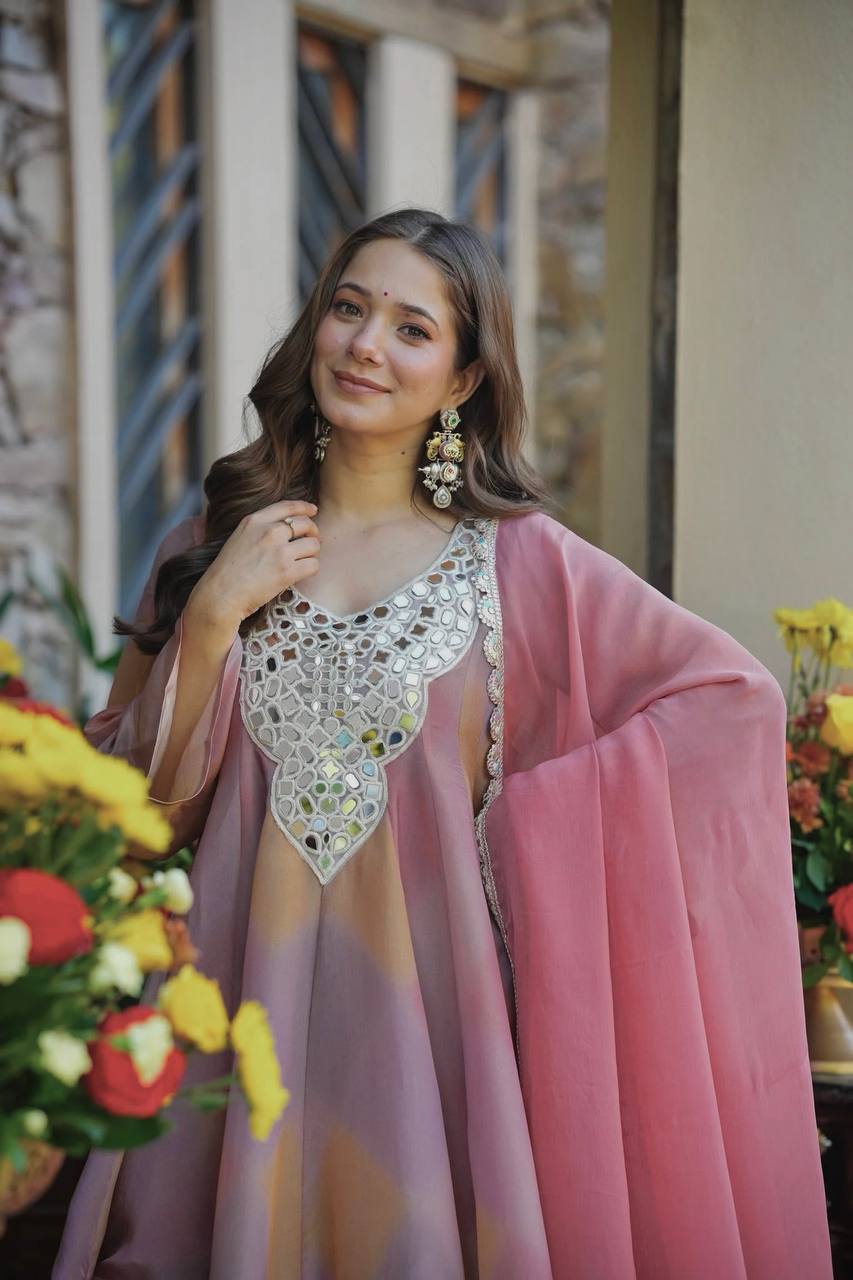 pastel ombre sharara set with scalloped lace & heavy mirror work neckline