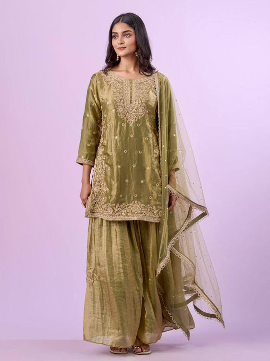 Olive Green Embroidered Kurta Palazzo Set with Net Dupatta