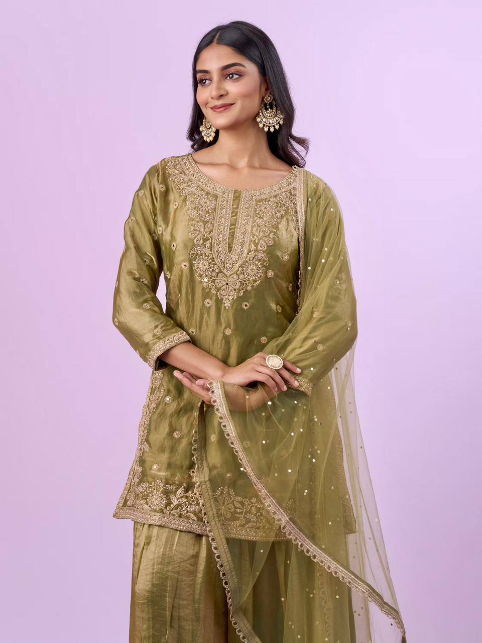 olive green embroidered kurta palazzo set with net dupatta