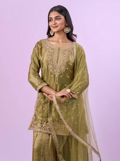 Olive Green Embroidered Kurta Palazzo Set with Net Dupatta
