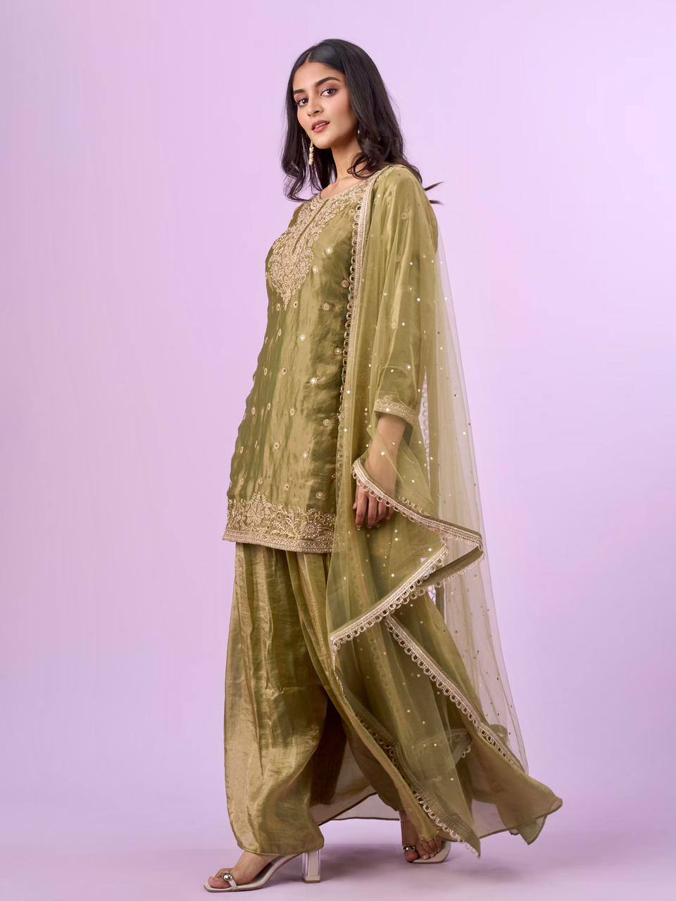 olive green embroidered kurta palazzo set with net dupatta