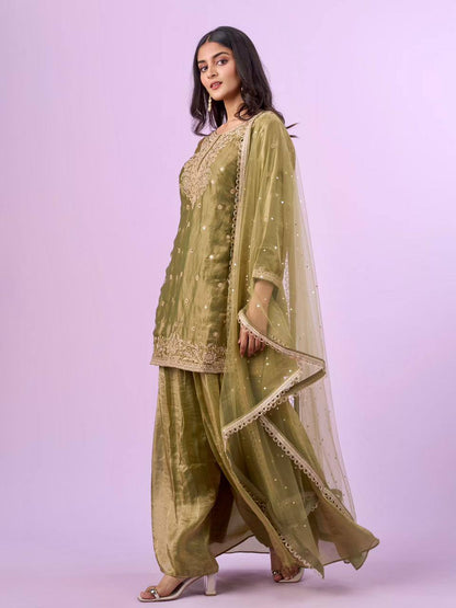 Olive Green Embroidered Kurta Palazzo Set with Net Dupatta