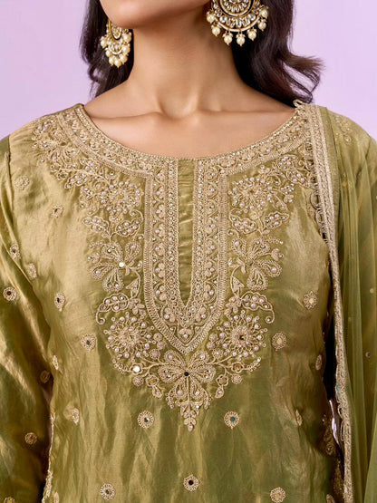 Olive Green Embroidered Kurta Palazzo Set with Net Dupatta