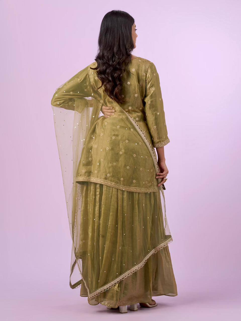 olive green embroidered kurta palazzo set with net dupatta