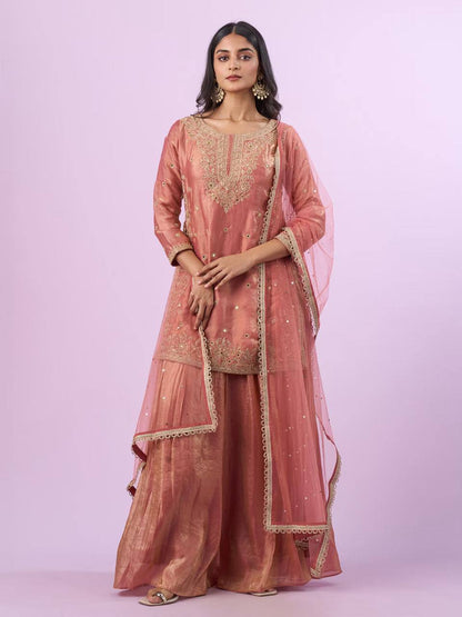 Peach Embroidered Kurta Palazzo Set with Net Dupatta
