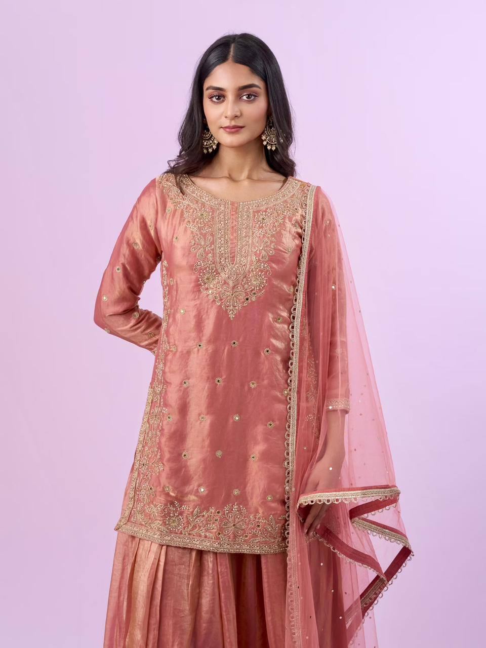 peach embroidered kurta palazzo set with net dupatta