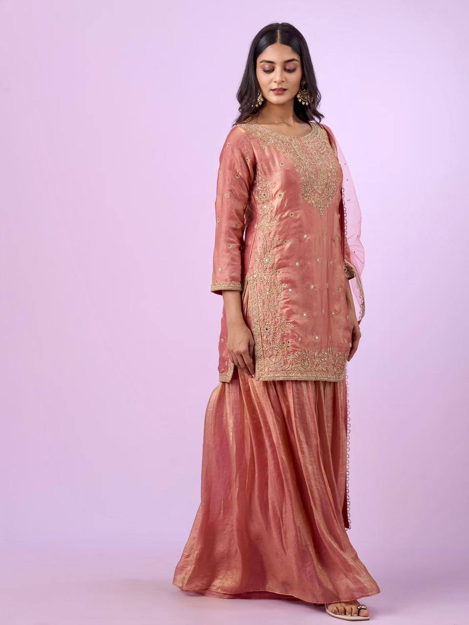 peach embroidered kurta palazzo set with net dupatta