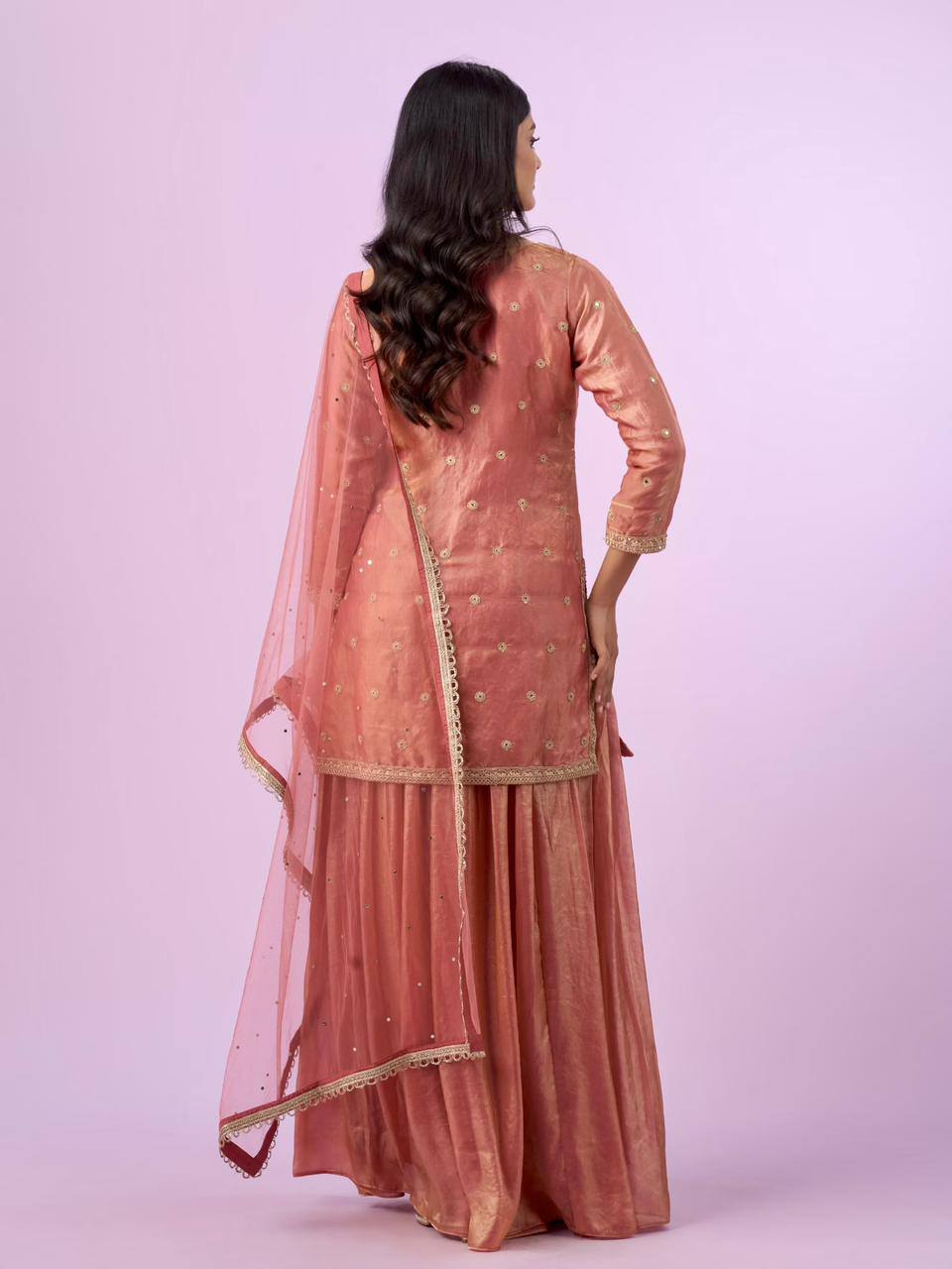 peach embroidered kurta palazzo set with net dupatta