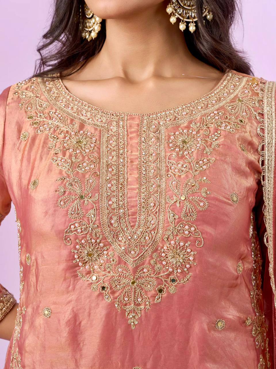 peach embroidered kurta palazzo set with net dupatta