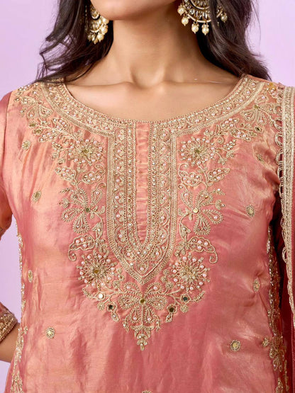 Peach Embroidered Kurta Palazzo Set with Net Dupatta