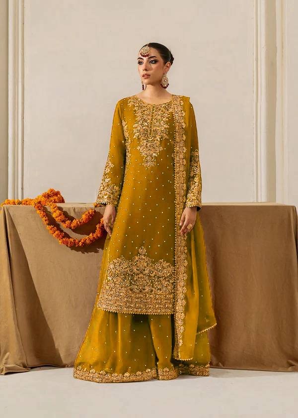 mustard yellow heavy embroidered designer kurta sharara set with dupatta