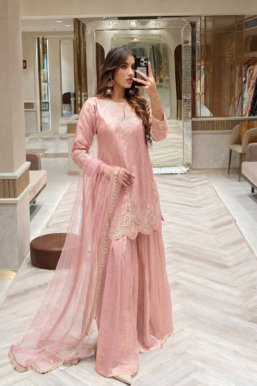 blush pink embroidered palazzo suit with net dupatta