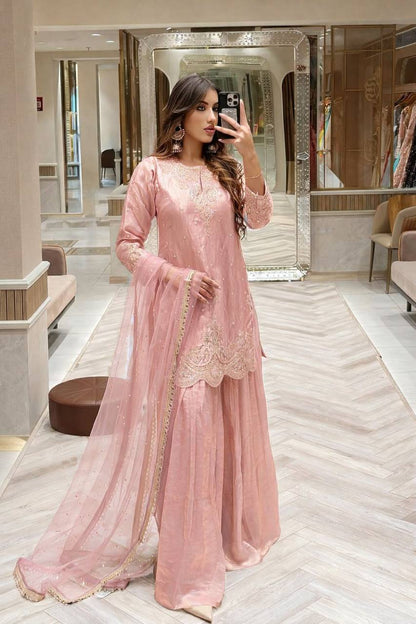 Blush Pink Embroidered Palazzo Suit with Net Dupatta