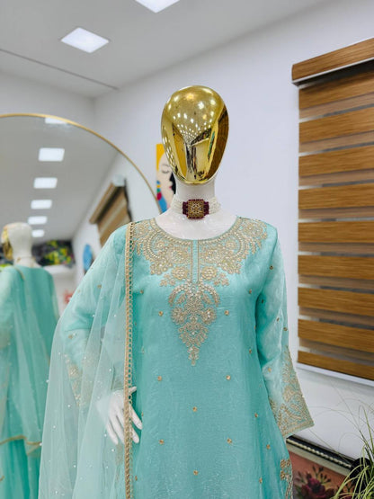 Festive Special Pastel Aqua Kurta Set with Dupatta