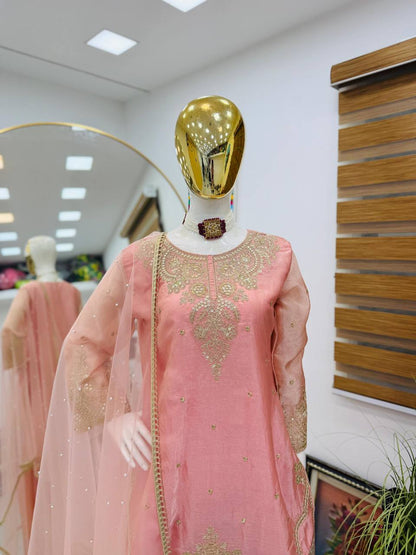 Blush Pink Embroidered Palazzo Suit with Net Dupatta