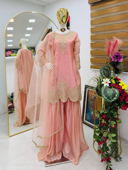 Blush Pink Embroidered Palazzo Suit with Net Dupatta
