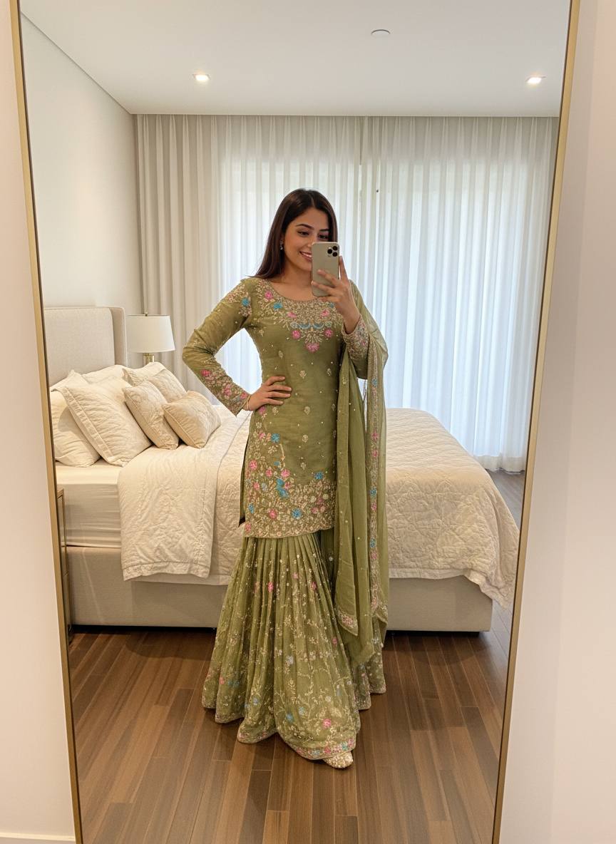olive green floral embroidered designer kurta sharara set with dupatta